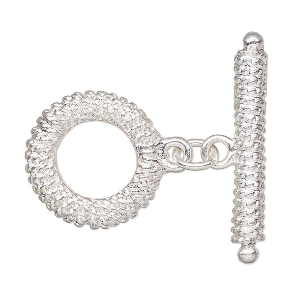 Clasp, toggle, silver-finished "pewter" (zinc-based alloy), 20mm textured round. Sold individually. image number 0