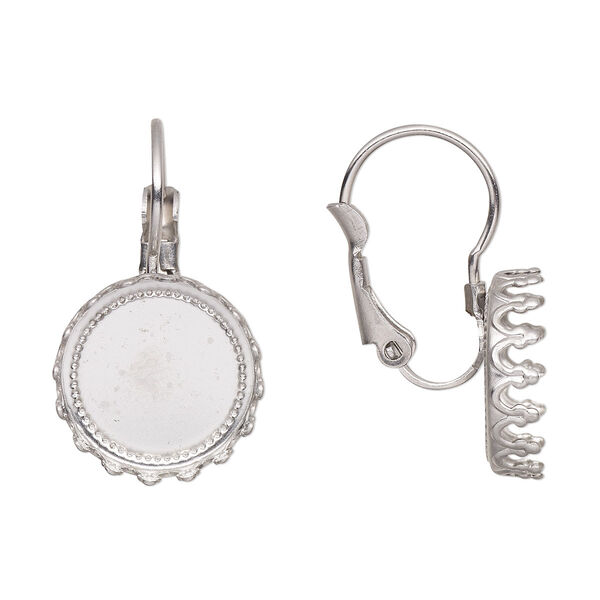 Ear wire, stainless steel, 23mm leverback with 12mm round cabochon bezel setting. Sold per pkg of 2 pairs. image number 0
