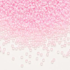 Seed bead, Miyuki, glass, pkg/35g, #15 rocaille, translucent pink-lined luster crystal clear (RR-207).