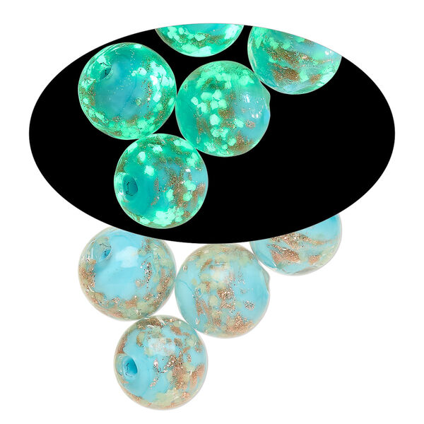 Bead, lampworked glass, clear / light blue / glow-in-the-dark / gold, 10mm round. Sold per pkg of 6. image number 0