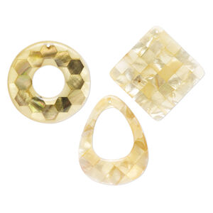 Focal and component mix, black lip shell / mother-of-pearl shell / resin (assembled) 1pkg3, 47x40mm-70x54mm top-drilled and undrilled 1sided mixed shapes with honeycomb and checkerboard patterns.