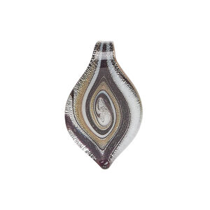 Drop, lampworked glass 1pkg1, opaque black and white with copper-colored glitter and silver-colored foil, 27x16mm-29x17mm spoon with swirl design.