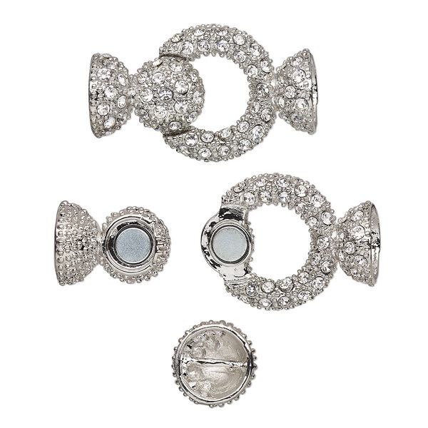 Clasp, magnetic, glass rhinestone and silver-plated "pewter" (zinc-based alloy), clear, 37x23mm ring with (2) 10mm glue-in end caps. Sold individually. image number 0