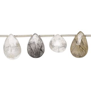 Tourmalinated quartz 1pkg18, hand-cut top-drilled faceted puffed teardrop bead natural 10x7mm-12x9mm