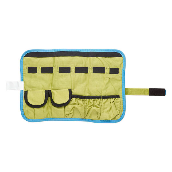 Pouch, canvas / elastic / VELCRO®, blue / green / black, 14x9-1/2 inches with hook and loop closure with wraparound strap. Sold individually. image number 1