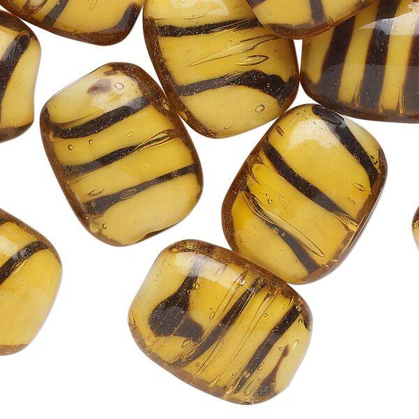 Bead, lampworked glass, opaque yellow and black, 19x15mm puffed oval. Sold per pkg of 20. image number 0
