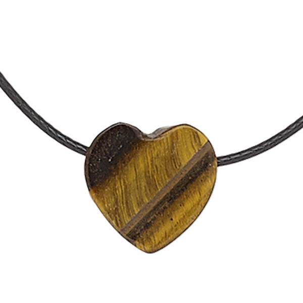 Necklace, tigereye (natural) / waxed cotton cord / silver-finished steel / brass, black, 13x13mm heart, 18 inches with lobster claw clasp. Sold individually. image number 0