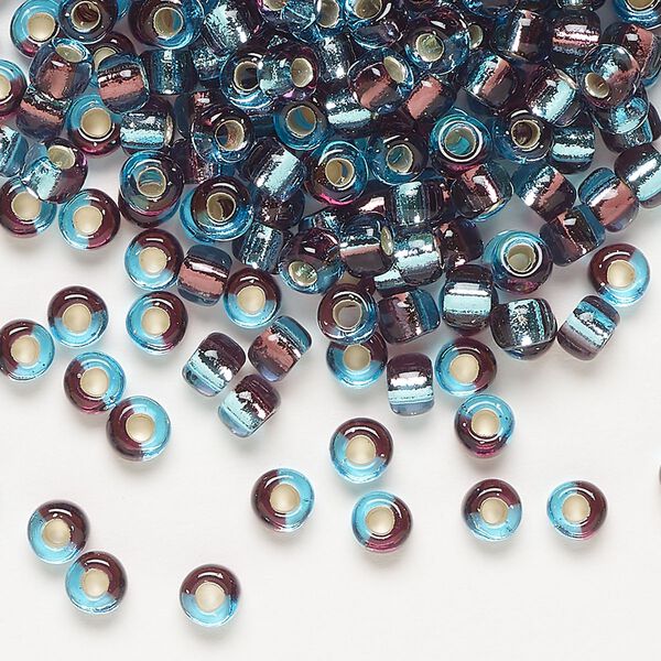 Seed bead, Miyuki, glass, pkg/250g, 4mm irregular round, transparent silver-lined aquamarine blue/plum, (TB-3938). image number 0