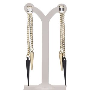 Earring, glass / stainless steel / gold-finished steel / "pewter" (zinc-based alloy) / painted "pewter" (zinc-based alloy), clear and matte black, 4 inches with spike and post. Sold per pair.