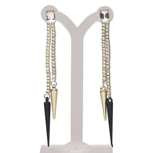 Earring, glass / stainless steel / gold-finished steel / "pewter" (zinc-based alloy) / painted "pewter" (zinc-based alloy), clear and matte black, 4 inches with spike and post. Sold per pair. image number 0