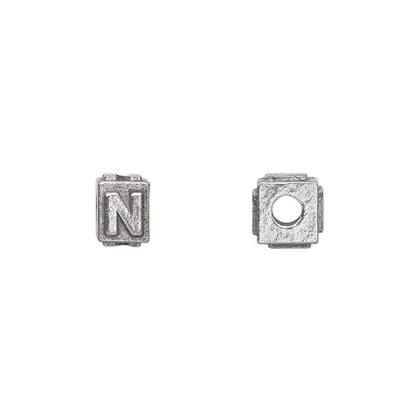 Bead, antiqued pewter (tin-based alloy), 8x6mm rectangle with alphabet letter "N". Sold per pkg of 4. image number 0