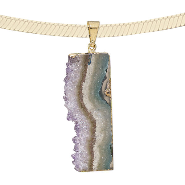 Pendant, amethyst (natural) with gold-plated copper and brass, 40x15mm-40x20mm freeform slice. Sold individually. image number 0