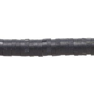 Bead, polymer clay, opaque black, 8x2mm heishi. Sold per pkg of (2) 16-inch strands.
