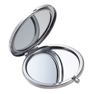 Compact, glass and nickel-plated steel, 2-3/4 inch round with mirror and pop latch with 58mm round setting. Sold individually.