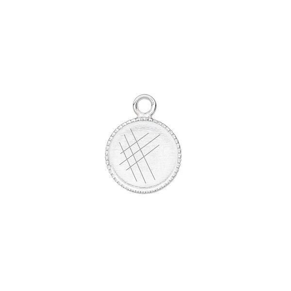 Drop, silver-plated brass, 11mm round with beaded edge and 10mm round bezel cup setting. Sold per pkg of 24. image number 0
