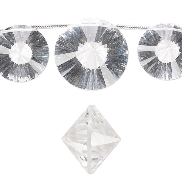 Bead, quartz crystal (natural), 14x12mm and 18x15mm hand-cut top-drilled faceted double cone, B grade, Mohs hardness 7. Sold per pkg of 3 beads. image number 0