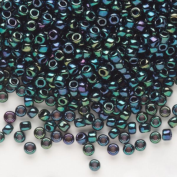 Seed bead, Dyna-Mites™, glass, opaque iris green, #8 round. Sold per 40-gram pkg. image number 0