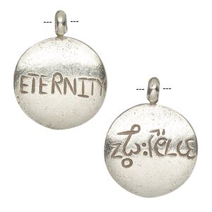 Drop, Hill Tribes, antiqued fine silver, 19mm double-sided round with "Eternity." Sold individually.