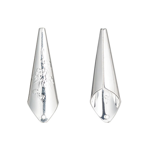 Bolo tip, silver-plated brass, 27x9mm with flower design. Sold per pkg of 10. image number 0