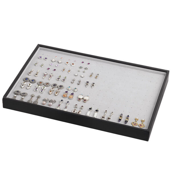 Display tray, earring, leatherette and velveteen, black and grey 13-3/4 x 1-1/4 x 9-1/2 inches with insert. Sold individually. image number 0
