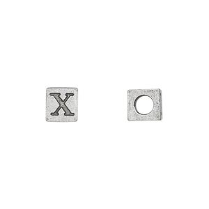 Bead, antiqued pewter (tin-based alloy), 7mm cube with Greek letter, CHI. Sold per pkg of 4.