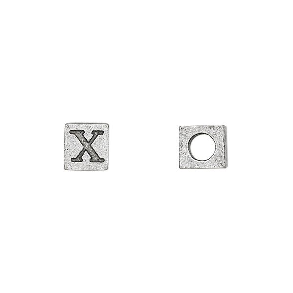 Bead, antiqued pewter (tin-based alloy), 7mm cube with Greek letter, CHI. Sold per pkg of 4. image number 0