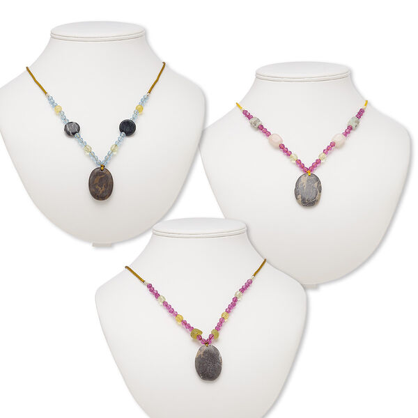 Multi-gemstone / acrylic / glass 1pkg3, oval pendant necklace C grade, mix continuous loop 20 inch 34x25mm-37x28mm image number 0