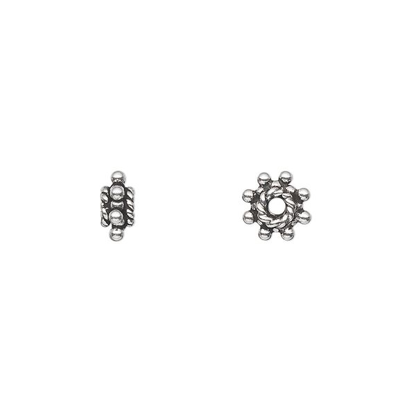 Bead, antiqued sterling silver, 7x3mm beaded rondelle. Sold per 1-troy ounce pkg, approximately 60-80 beads. image number 0