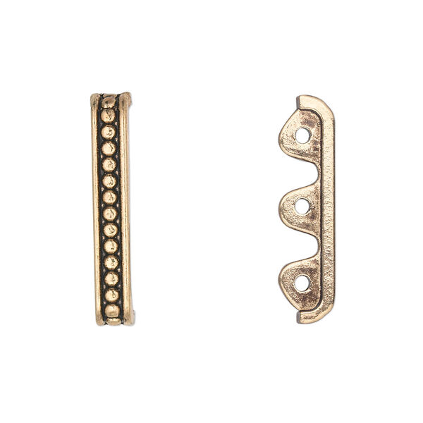 Spacer bar, antique gold-finished "pewter" (zinc-based alloy), 24x4mm single-sided 3-strand beaded, fits up to 7.5mm bead. Sold per pkg of 20. image number 0