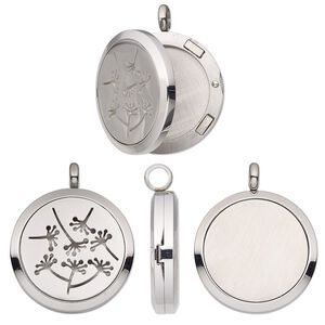 Pendant, stainless steel, 37x30mm single-sided hinged round locket with cutout dandelion and magnetic closure. Sold individually.