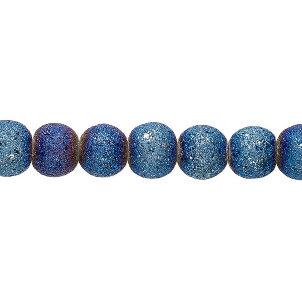 Bead, coated glass, opaque matte dark blue AB, 7-8mm uneven round. Sold per 15-1/2" to 16" strand. image number 0