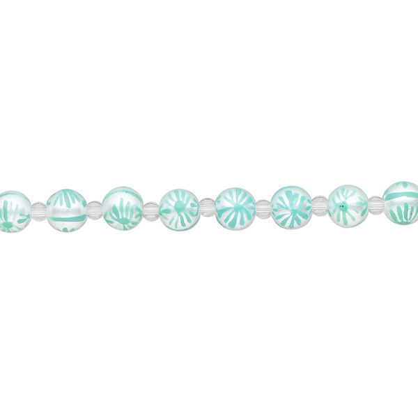 Bead, glass 1pkg8, opaque white and seafoam green, 10mm hand-painted round. image number 1