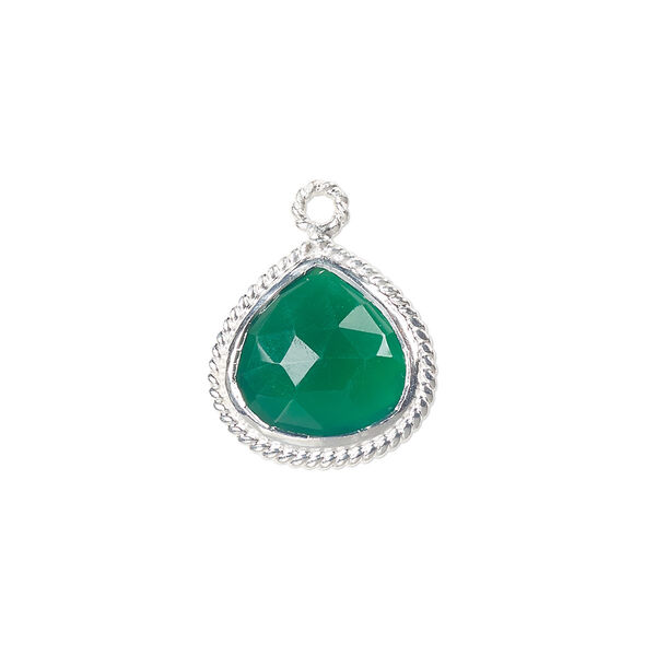 Drop, green onyx (dyed) and sterling silver, 16x16mm-18x17mm hand-cut double-sided faceted teardrop with twisted wire design. Sold individually. image number 0