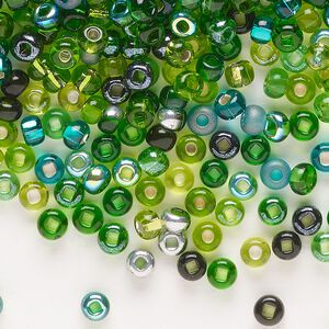 Seed bead mix, glass, pkg/100g, #6 rocaille, translucent and transparent multi-green.