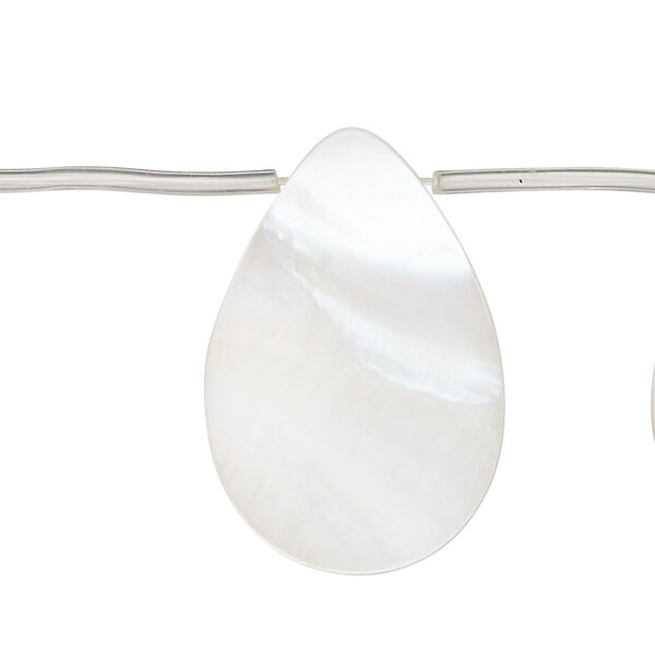 Bead, mother-of-pearl shell (bleached), white, 30x5mm-30x11mm top-drilled flat teardrop, Mohs hardness 3-1/2. Sold per 14-inch strand, approximately 10 beads. image number 0