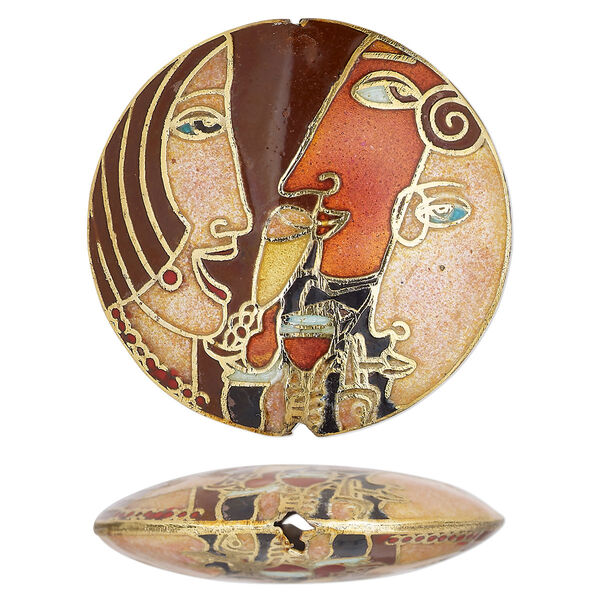 Bead, cloisonné, multicolored, 35x10mm double-sided puffed round with side profile face design. Sold individually. image number 0