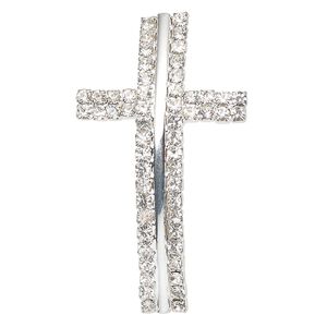 Focal, silver-finished brass and glass, clear, 50x29mm curved cross with 2mm stringing channel. Sold individually.