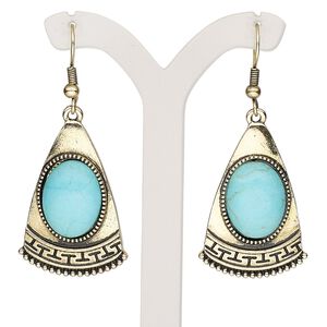 Earring, magnesite (dyed / stabilized) with antique gold-finished brass and "pewter" (zinc-based alloy), turquoise blue, 2 inches with triangle and fishhook ear wire. Sold per pair.