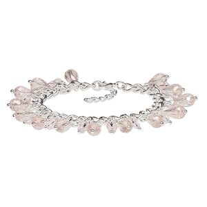 Bracelet, glass with silver-plated steel and "pewter" (zinc-based alloy), pink AB and pink, 26mm wide, 7 inches with 2-inch extender chain and lobster claw clasp. Sold individually.