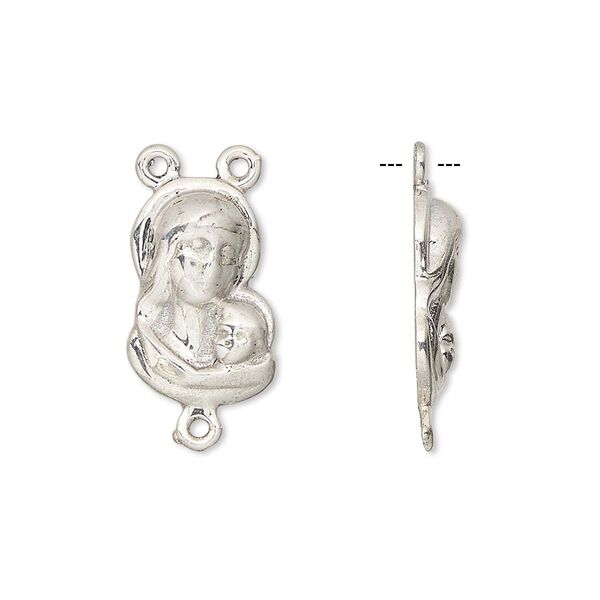 Connector, sterling silver, 17x11mm rosary center with Madonna face, 3 loops. Sold individually. image number 0