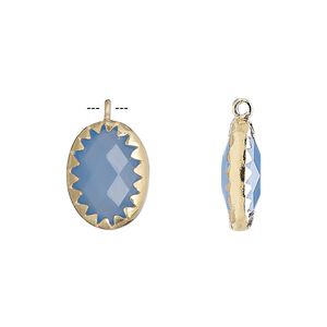 Drop, chalcedony (dyed) and gold-finished sterling silver, blue, 15x11mm double-sided faceted oval. Sold individually.