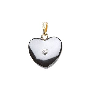 Hemalyke™ / brass / glass rhinestone 1pkg4, gold-finished / silver-finished heart pendant 15mm