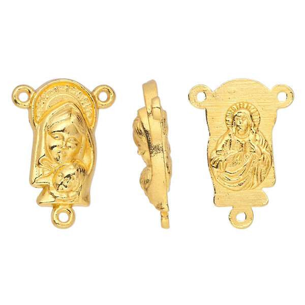 Connector, gold-finished "pewter" (zinc-based alloy), 18.5x10mm two-sided oval rosary with Madonna and child on front and Sacred Heart of Jesus Christ on back. Sold per pkg of 10. image number 0