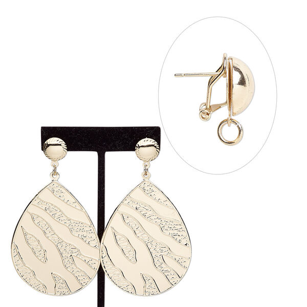 Earring, rose gold-finished steel, 3-1/4 inches with smooth and textured teardrop with post and latch. Sold per pair. image number 0
