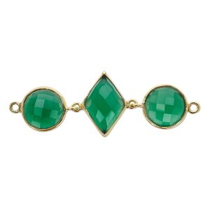 Link, green onyx (dyed) and gold-finished sterling silver, 40x16mm single-sided with 16x11mm faceted diamond and 11mm faceted round. Sold individually.