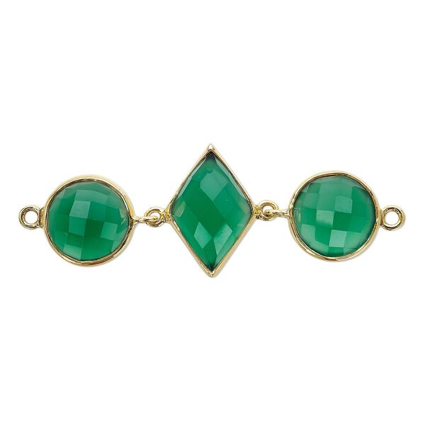 Link, green onyx (dyed) and gold-finished sterling silver, 40x16mm single-sided with 16x11mm faceted diamond and 11mm faceted round. Sold individually. image number 0