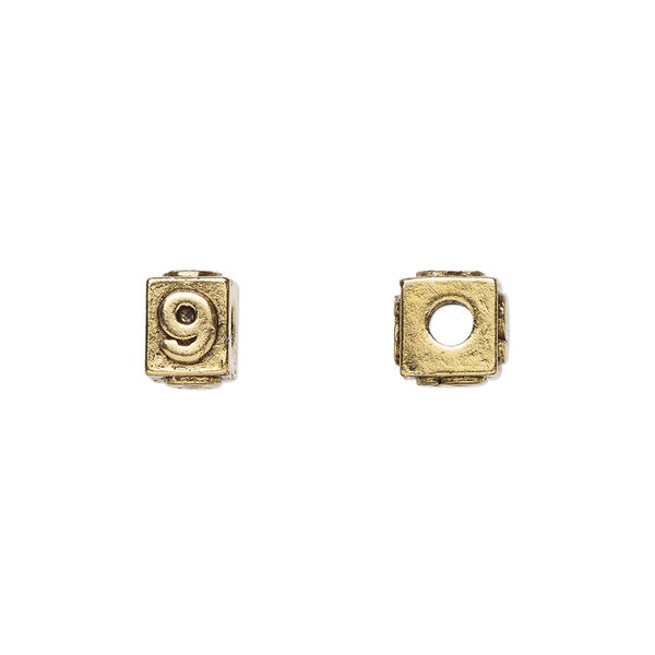 Bead, antique gold-plated pewter (tin-based alloy), 8x6mm rectangle with number "9." Sold per pkg of 4. image number 0