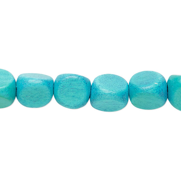 Bead, wood (dyed / waxed), aqua, 10mm rounded triangle. Sold per 15-1/2" to 16" strand. image number 0