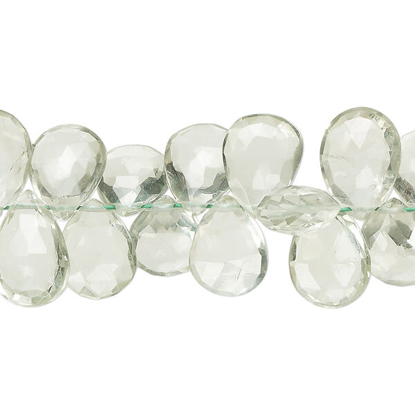 Bead, green quartz (heated), light, 10x8mm-13x9mm hand-cut top-drilled faceted puffed teardrop, B grade, Mohs hardness 7. Sold per 7-inch strand, approximately 55 beads. image number 0