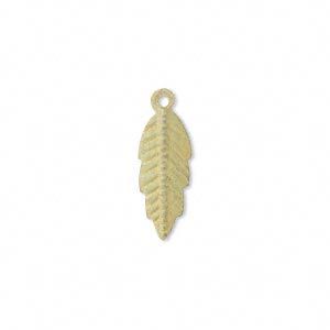 Drop, brass, earth tone olive patina, Pantone® color 15-0525, 20x7mm double-sided feather. Sold per pkg of 6.